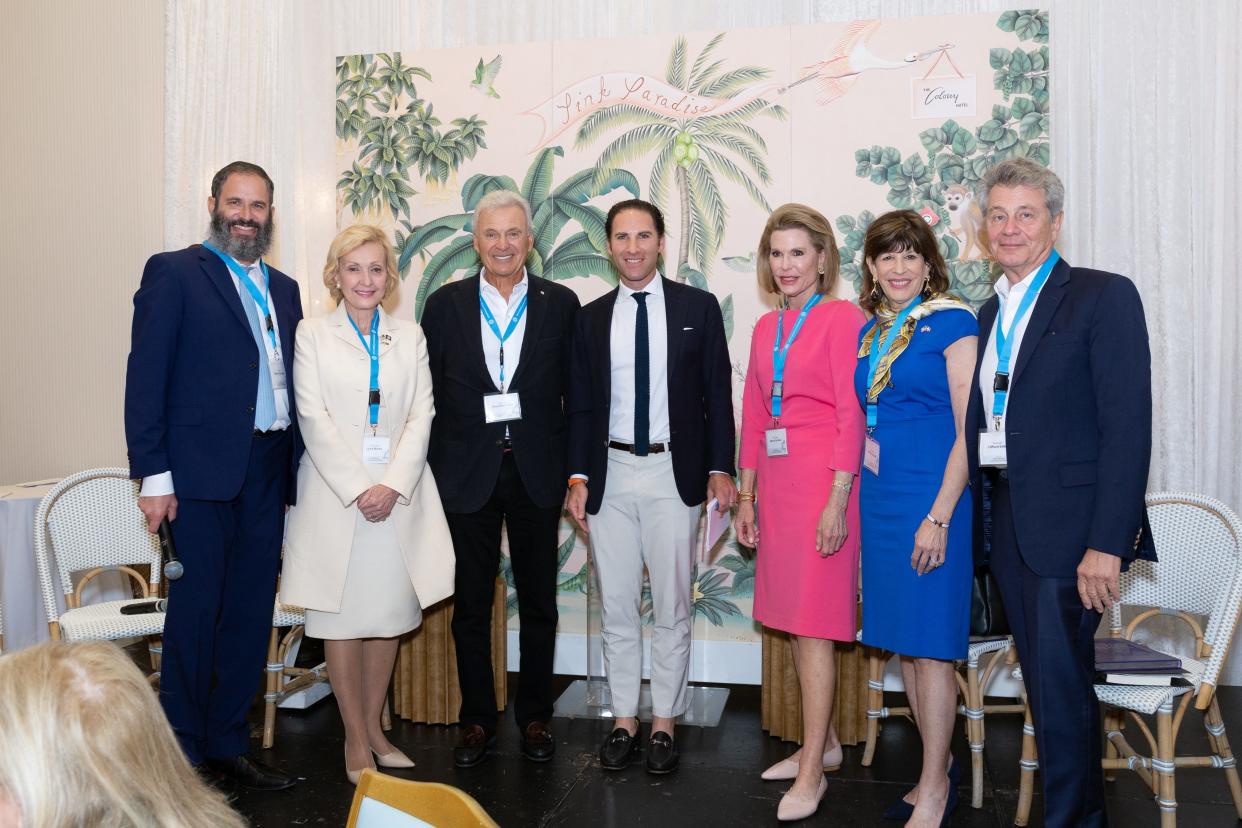 Rabbi Moshe Scheiner, left, stands with former ambassadors, from left, Lana Marks, Stuart Bernstein, Michael Greenwald, Nancy Brinker, Robin Bernstein and Clifford Sobel in March at Palm Beach Synagogue’s first Summit on Countering Antisemitism.