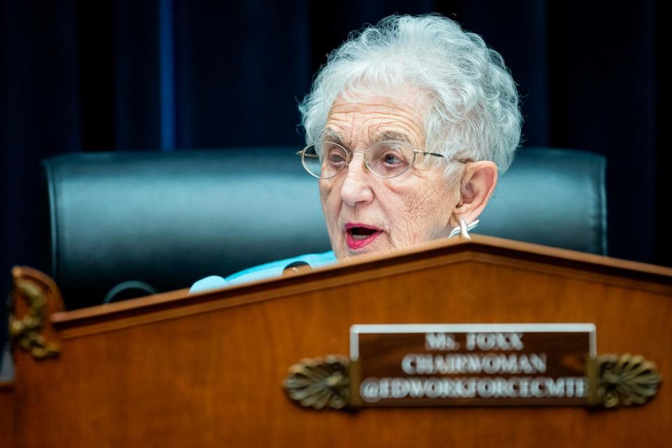 PHOTO: Representative Virginia Foxx, R-N.C., Committee Chair, speaks during a House Education and Workforce Committee Hearing on holding campus leaders accountable and confronting antisemitism, at the U.S. Capitol, Dec. 5, 2023, in Washington. (Graeme Sloan/Sipa USA via AP)