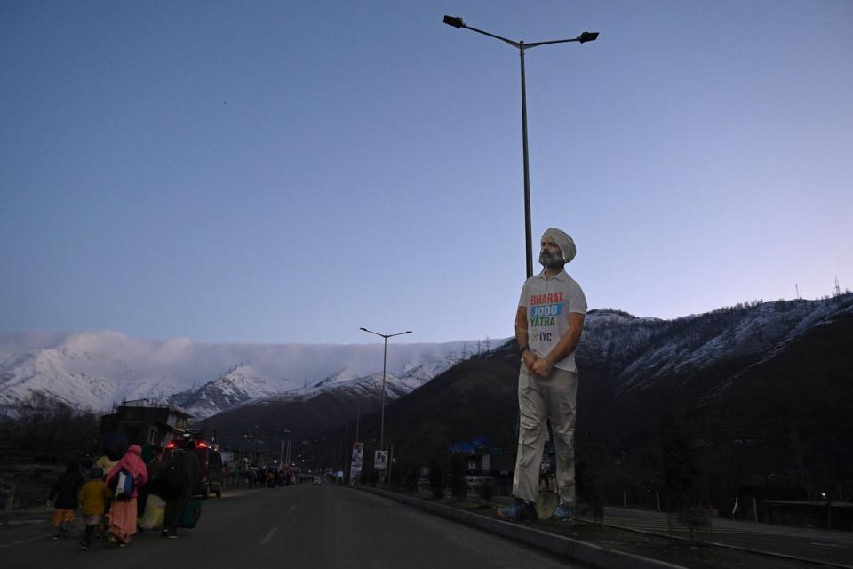 A large cut out of Rahul Gandhi is seen before the start of his ‘Bharat Jodo Yatra’ march in Banihal, some 94km from Srinagar in Kashmir (AFP via Getty Images)