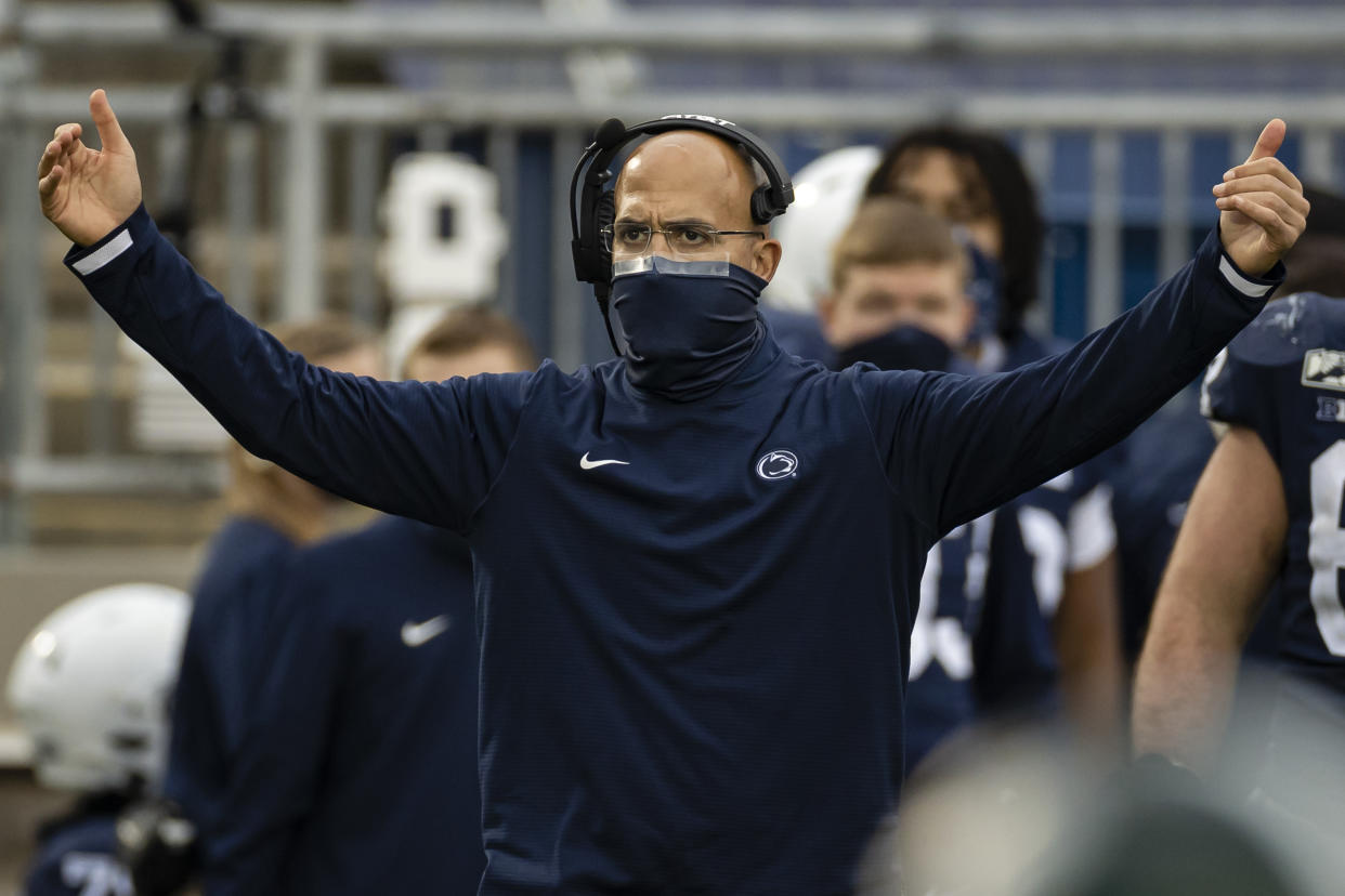 STATE COLLEGE, PA - DECEMBER 12: Head coach James Franklin of the Penn State Nittany Lions reacts after a touchdown against the Michigan State Spartans during the second half at Beaver Stadium on December 12, 2020 in State College, Pennsylvania. (Photo by Scott Taetsch/Getty Images)