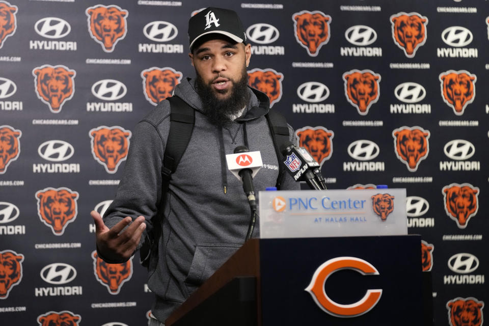 Chicago Bears wide receiver Keenan Allen speaks at a news conference following practice at the NFL football teams minicamp in Lake Forest, Ill., Tuesday, June 4, 2024. (AP Photo/Nam Y. Huh)