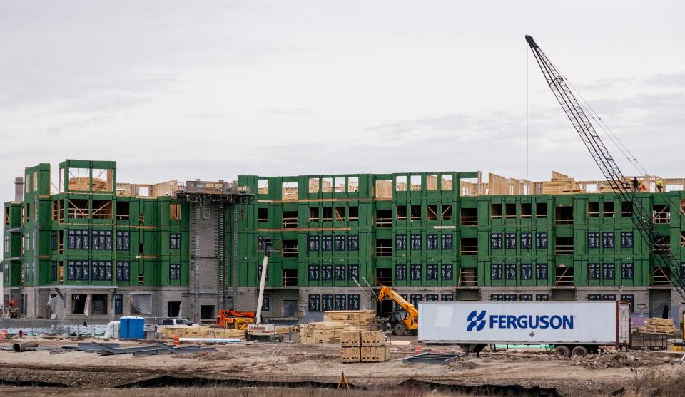 A view of River North Apartments construction as seen, Friday, April 22, 2022, in Manitowoc, Wis.