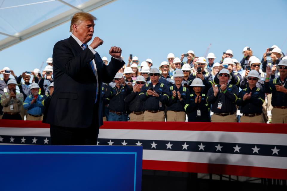 President Donald Trump arrives to speak on energy infrastructure at the Cameron LNG export facility, May 14, 2019, in Hackberry, Louisiana.