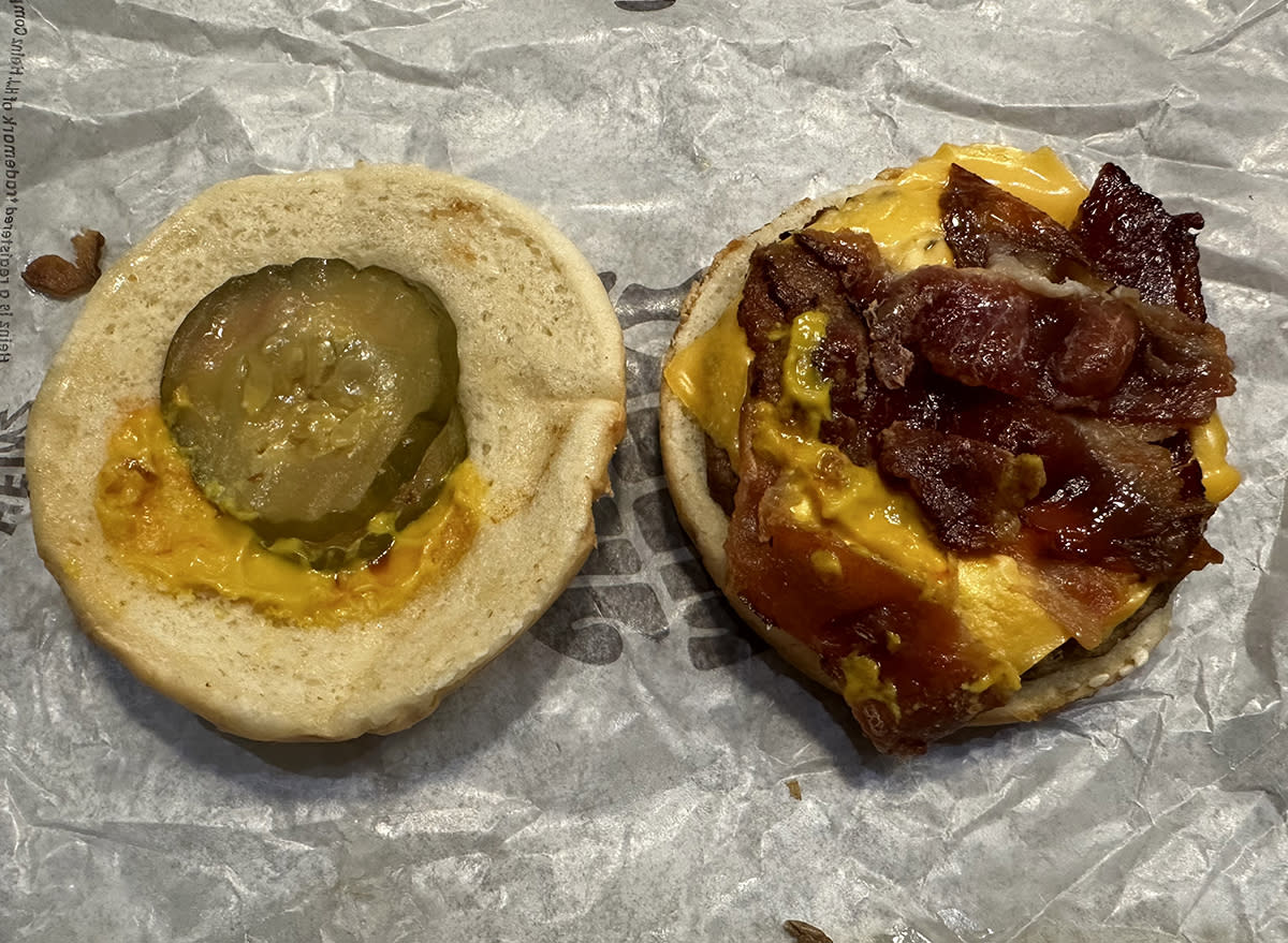 Burger King Bacon Cheeseburger open faced atop its wrapper