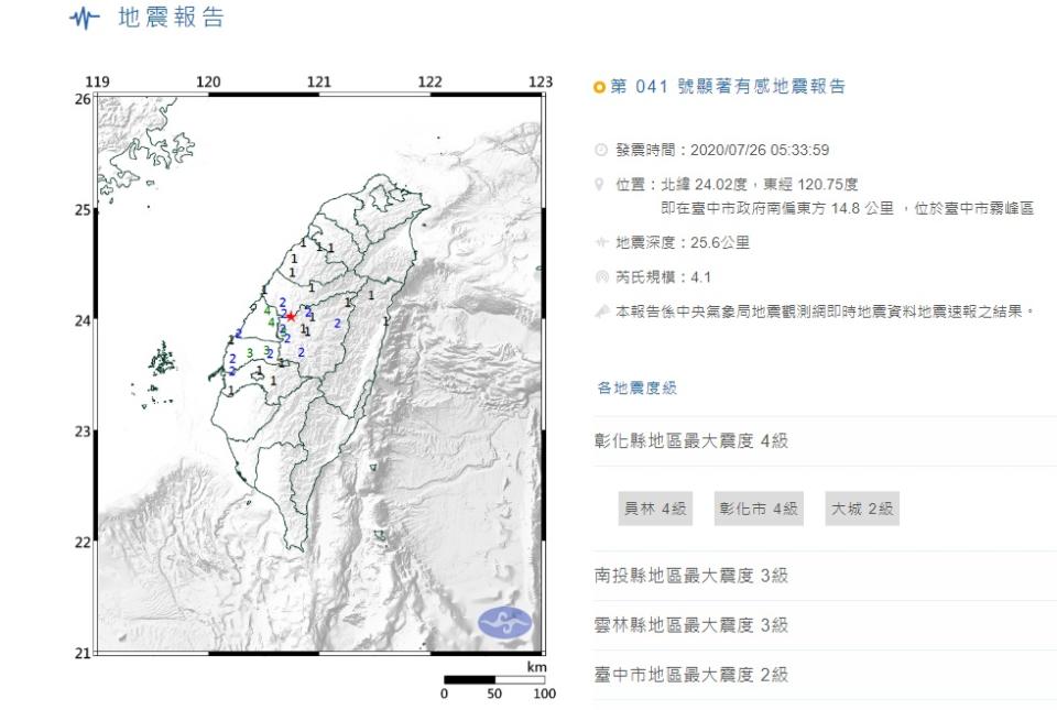 台中清晨5:33發生規模4.1地震。   圖／中央氣象局