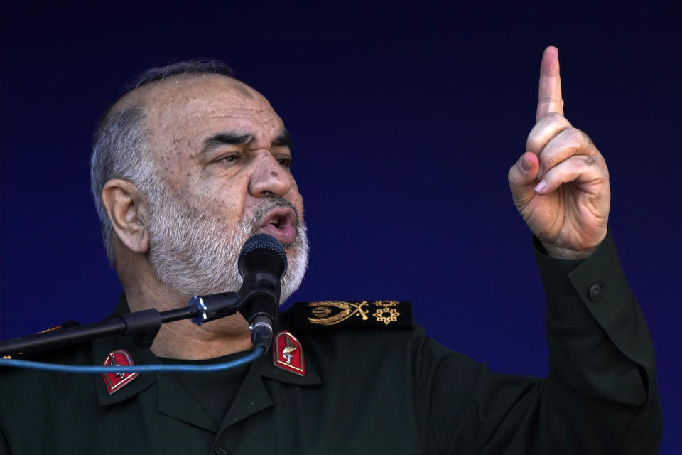 Chief of Iran's paramilitary Revolutionary Guard Gen. Hossein Salami addresses the funeral ceremony of the victims of Wednesday's bomb explosion in the city of Kerman about 510 miles (820 km) southeast of the capital Tehran, Iran, Friday, Jan. 5, 2024. Iran on Friday mourned those slain in an Islamic State group-claimed suicide bombing targeting a commemoration for a general slain in a U.S. drone strike in 2020. (AP Photo/Vahid Salemi)