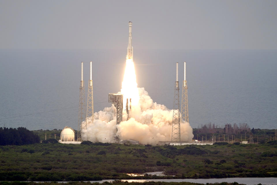 A United Launch Alliance Atlas V rocket carrying the Boeing Starliner crew capsule lifts off on a second test flight to the International Space Station from Space Launch Complex 41 at Cape Canaveral Space Force station in Cape Canaveral, Fla., Thursday, May 19, 2022. (AP Photo/John Raoux)