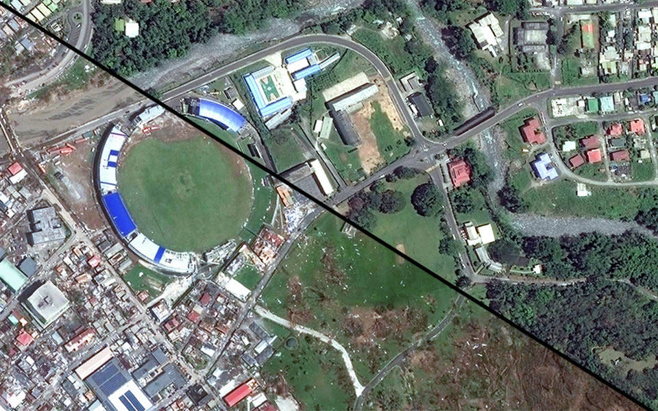 Satellite images of&nbsp;Roseau, the capital of Dominica, on May 1 (right) and Sept. 22, 2017. (Photo: DigitalGlobe)