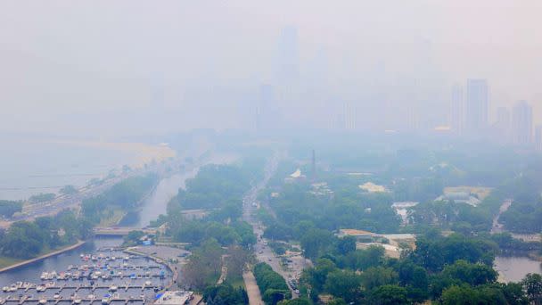 PHOTO: Haze obscures the Chicago skyline, June 27, 2023. (Teresa Crawford/AP)