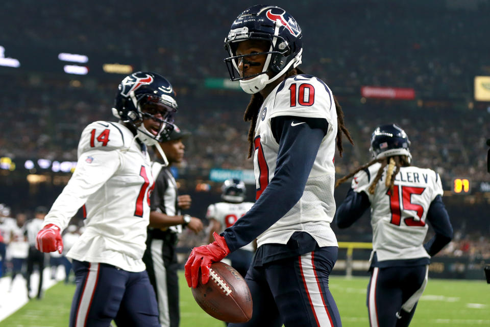 DeAndre Hopkins drew a 15-yard penalty for an exceptionally violent tackle of a Saints defender. (Getty)
