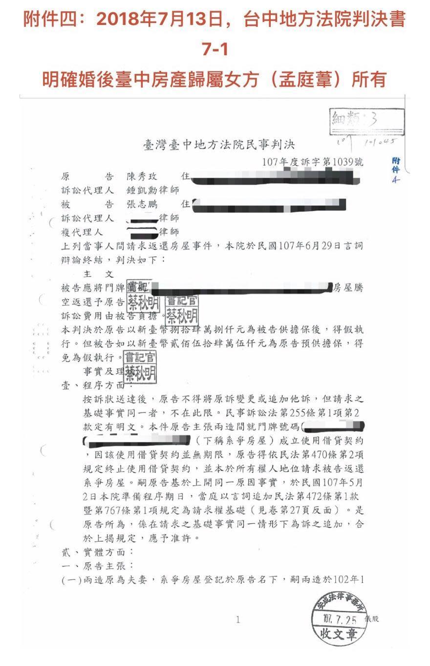 孟庭葦提出的法院判決書中，顯示台中地方法院將房產判決歸孟庭葦所有。（豐華提供）