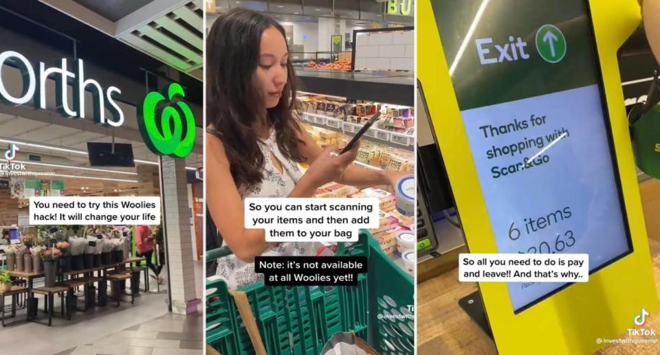 Stills from TikTok showing woman shopping at Woolworths and checking out using her smart phone