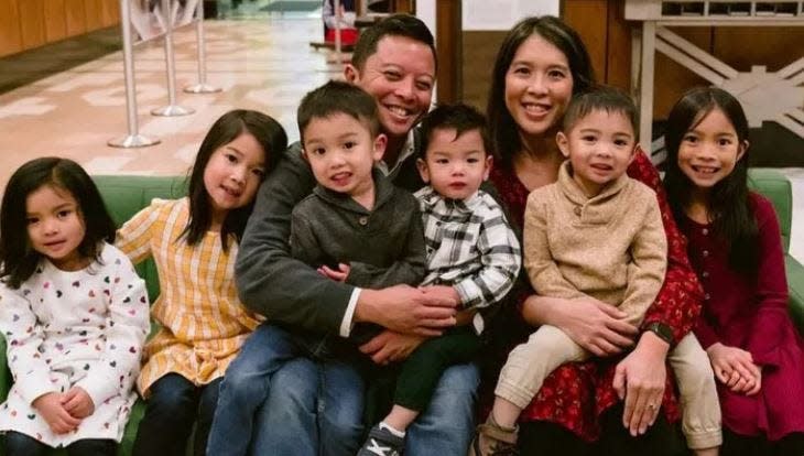 Couple Ryan and Jen Ambrosio, pictured with their six surviving young children, Amelia, Maria Grace, Faustina, Benedict, Raphael, and Julian, were on their way home from a date night when their lives were cut short by a fatal car wreck.