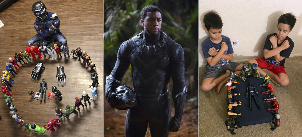 Esta combinación de fotografías muestra, de izquierda a derecha, a Gavyn Batiste, de 7 años, vestido como Black Panther y rodeado de figuras de acción en Lafayette, Luisiana el 31 de agosto de 2020, el actor Chadwick Boseman interpretando al rey T'Challa en "Black Panther" y los mellizos de 10 años Lenny, izquierda, y Bobby Homes quienes rindieron homenaje a Boseman en su casa en Mesa, Arizona el 31 de agosto de 2020. Boseman falleció por cáncer de colon el 28 de agosto a los 43 años. (Takiyah Dupas, Marvel Studios, Annalie Homes via AP)