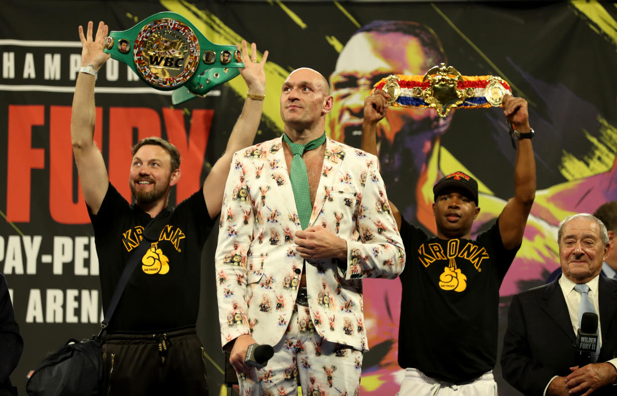 Tyson Fury during the post-fight press conference at the MGM Grand, Las Vegas. (Photo by Bradley Collyer/PA Images via Getty Images)