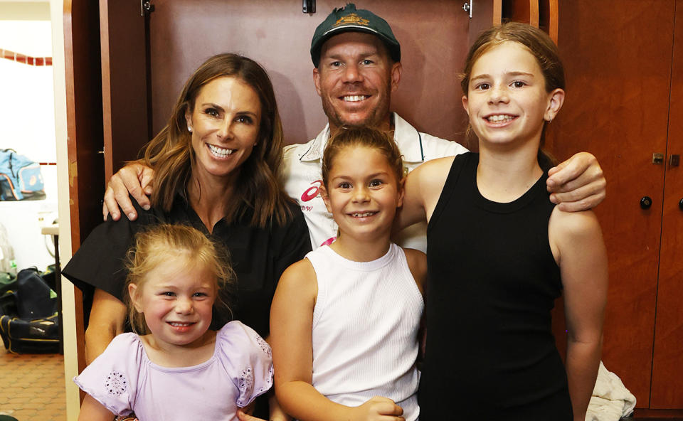 David Warner, pictured here with his wife and kids after his final Test match.