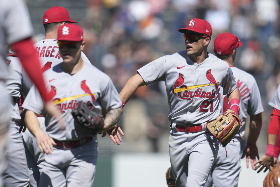 St. Louis Cardinals center fielder Lars Nootbaar (21) celebrates with teammates after the team defeated the San Francisco Giants in a baseball game in San Francisco, Thursday, April 27, 2023. (AP Photo/Jeff Chiu)