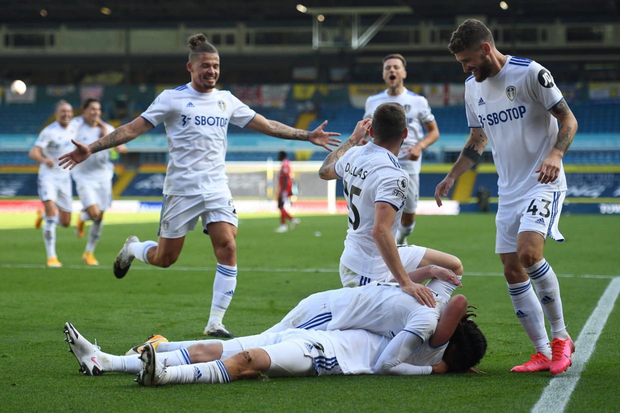 Leeds United is providing grand entertainment for neutrals thus far this Premier League season. (Photo by OLI SCARFF/POOL/AFP via Getty Images)