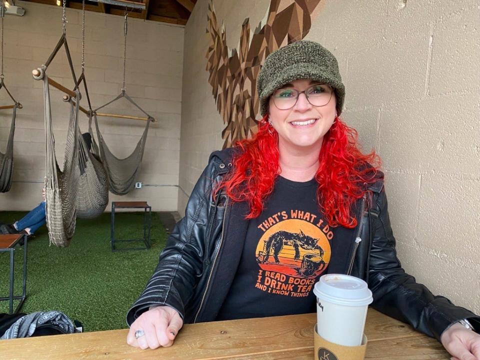 The Kraken's Cup owner Vallie Prince seated at K Brew. She hopes to open her tea house in April. Photo taken  Jan. 23, 2023.