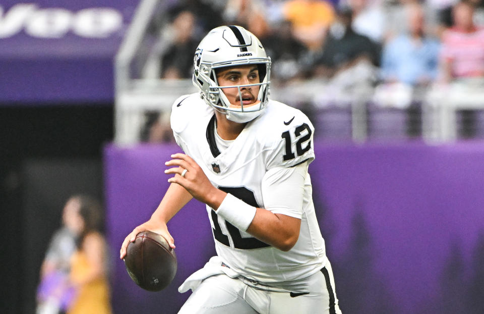 Aidan O'Connell will take over for his second stint as the starting quarterback for the Raiders. (Stephen Maturen/Getty Images)