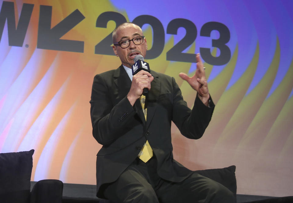 Robert Downey Jr. takes part in the Featured Session: Online Crime: An American Crisis at the Austin Convention Center during the South by Southwest Film and Interactive Festivals on Saturday, March 11, 2023, in Austin, Texas. (Photo by Jack Plunkett/Invision/AP)