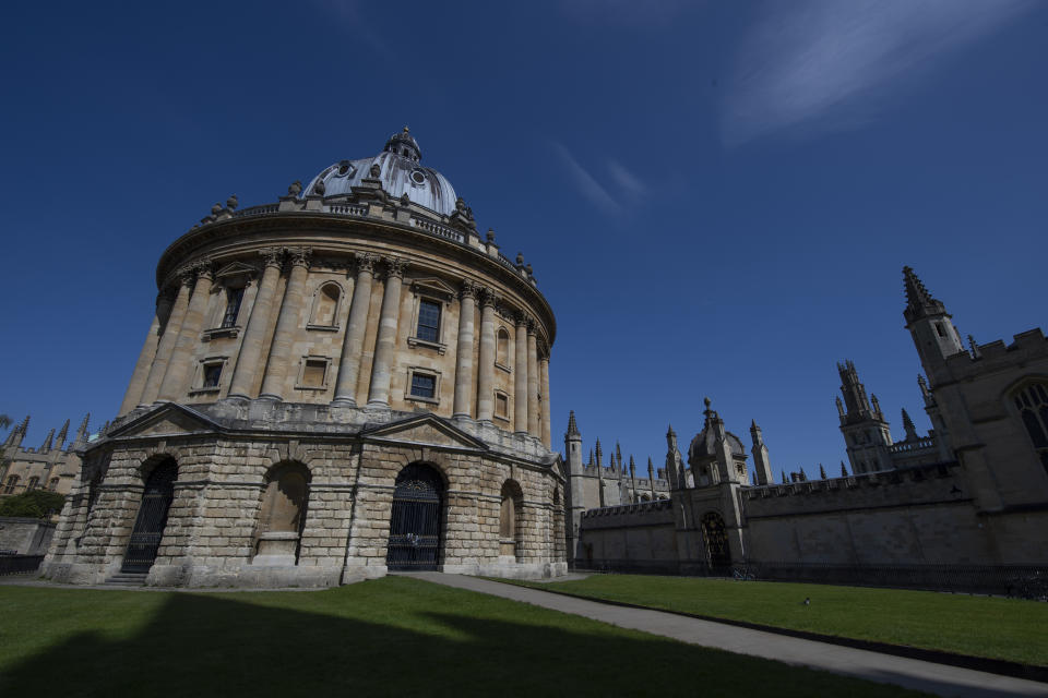 OXFORD, ENGLAND - APRIL 19: The Radcliffe Camera in a near deserted Radliffe Square, with All Souls College to the right, closed because of the Coronavirus lockdown on April 19, 2020 in Oxford, England. (Photo by VISIONHAUS)