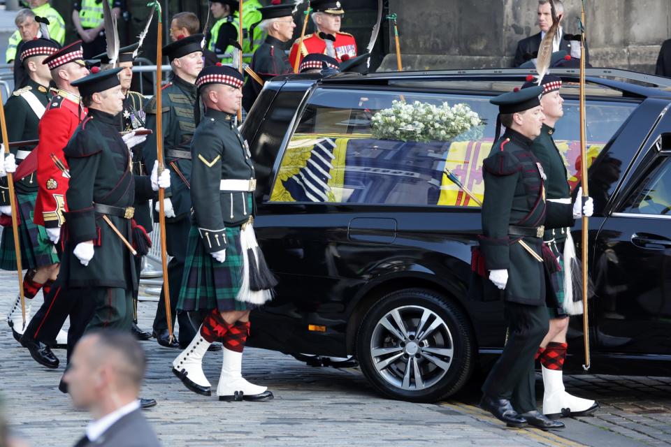 Queen Elizabeth II funeral cortege makes its way along The Royal Mile towards St Giles Cathedral on 12 September 2022 in Edinburgh, Scotland (Getty Images)