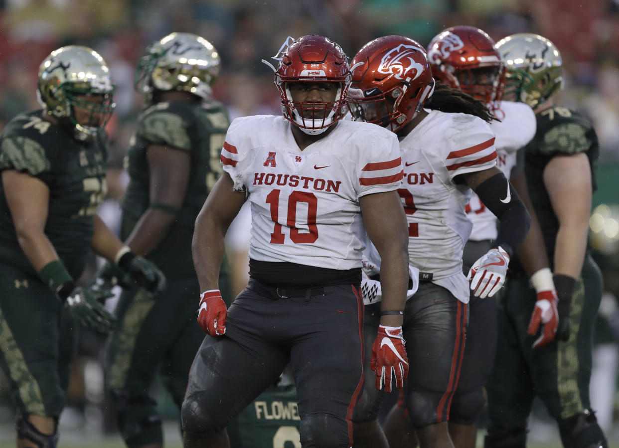 Houston defensive tackle Ed Oliver (10) during the first half of an NCAA college football game against South Florida Saturday, Oct. 28, 2017, in Tampa, Fla. (AP Photo/Chris O’Meara)