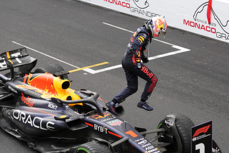 Red Bull driver Max Verstappen of the Netherlands celebrates after winning the Monaco Formula One Grand Prix, at the Monaco racetrack, in Monaco, Sunday, May 28, 2023. (AP Photo/Luca Bruno)