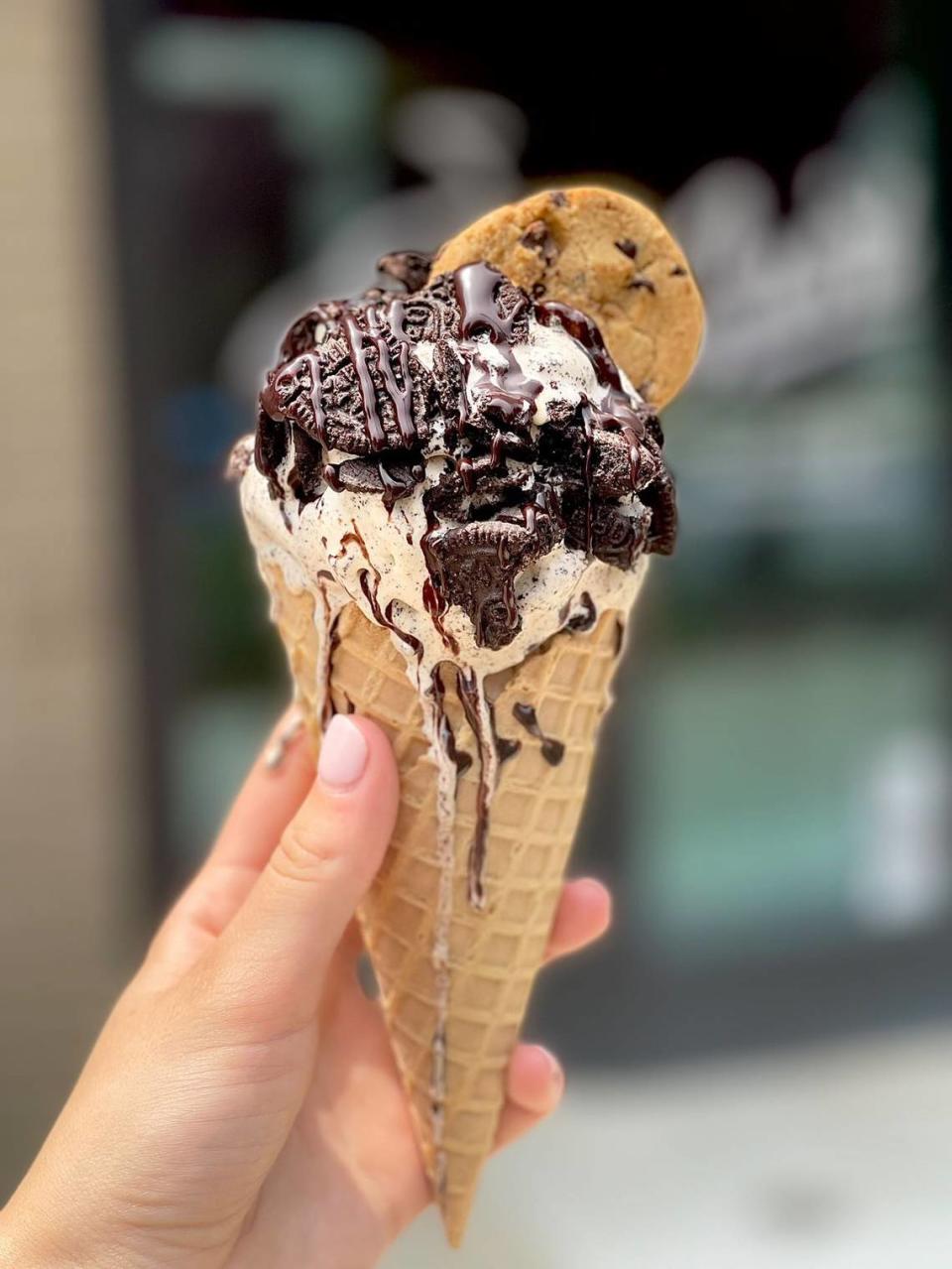 The Monster Swirl in a waffle cone from SWIRL Dessert Bar