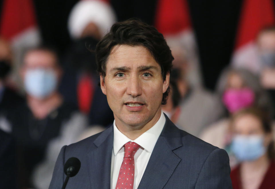 Canada's Prime Minister Justin Trudeau announces new gun control legislation in Ottawa, Ontario, on Monday, May 30, 2022. (Patrick Doyle/The Canadian Press via AP)