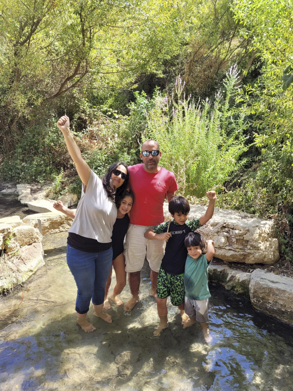 Five Brodutch family members, L-R: Hagar, Ofri, Avichai, Yuval and Uriah. All but Avichai have been taken hostage. (Avichai Brodutch via AP)