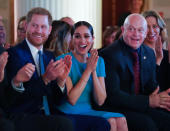 Britain's Prince Harry (1st-L), Duke of Sussex, and Meghan (2nd-R), Duchess of Sussex attend the Endeavour Fund Awards at Mansion House in London on March 5, 2020. - The Endeavour Fund helps servicemen and women have the opportunity to rediscover their self-belief and fighting spirit through physical challenges. (Photo by Paul Edwards / POOL / AFP) (Photo by PAUL EDWARDS/POOL/AFP via Getty Images)