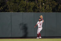 Los Angeles Angels center fielder Brandon Marsh (16) catches a fly ball hit by Oakland Athletics' Yan Gomes during the seventh inning of a baseball game Friday, Sept. 17, 2021, in Anaheim, Calif. (AP Photo/Ashley Landis)