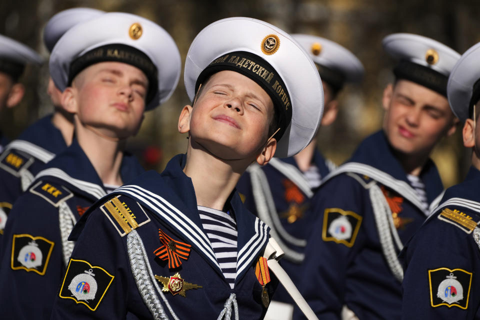 Navy school cadets march during the Victory Day military parade at the Dvortsovaya (Palace) Square in St. Petersburg, Russia, Monday, May 9, 2022. (AP Photo/Dmitri Lovetsky)