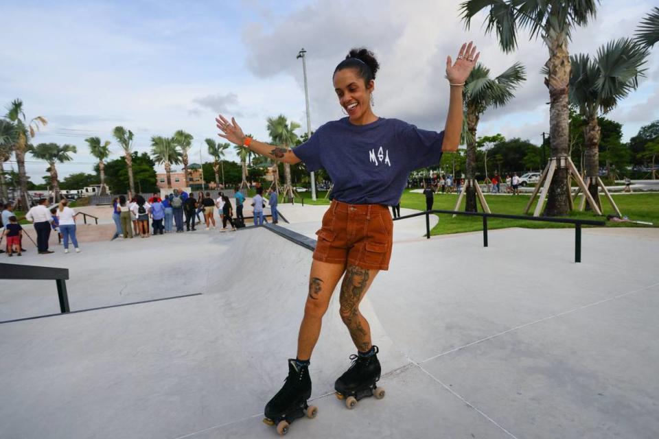 Erica Denis, 28, roller skates at the skate park of the newly inaugurated eastern portion of Doral Central Park at 3005 NW 92nd Ave. in Doral, Florida, on Monday, Aug. 26, 2024.