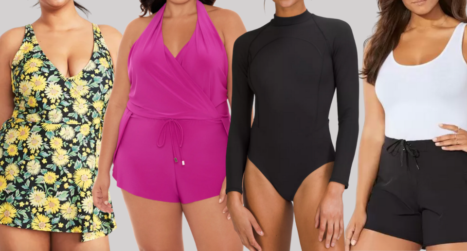 plus size model in yellow black floral swim dress, plus size model in pink halter swim romper, model in black rash guard, model in black board shorts and white tank top