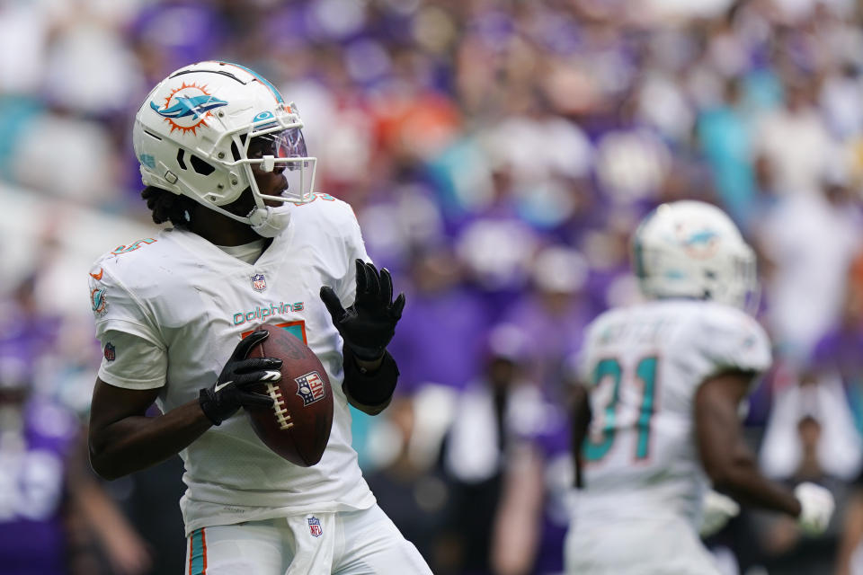 Miami Dolphins quarterback Teddy Bridgewater (5) looks to pass during the second half of an NFL football game against the Minnesota Vikings, Sunday, Oct. 16, 2022, in Miami Gardens, Fla. (AP Photo/Wilfredo Lee)