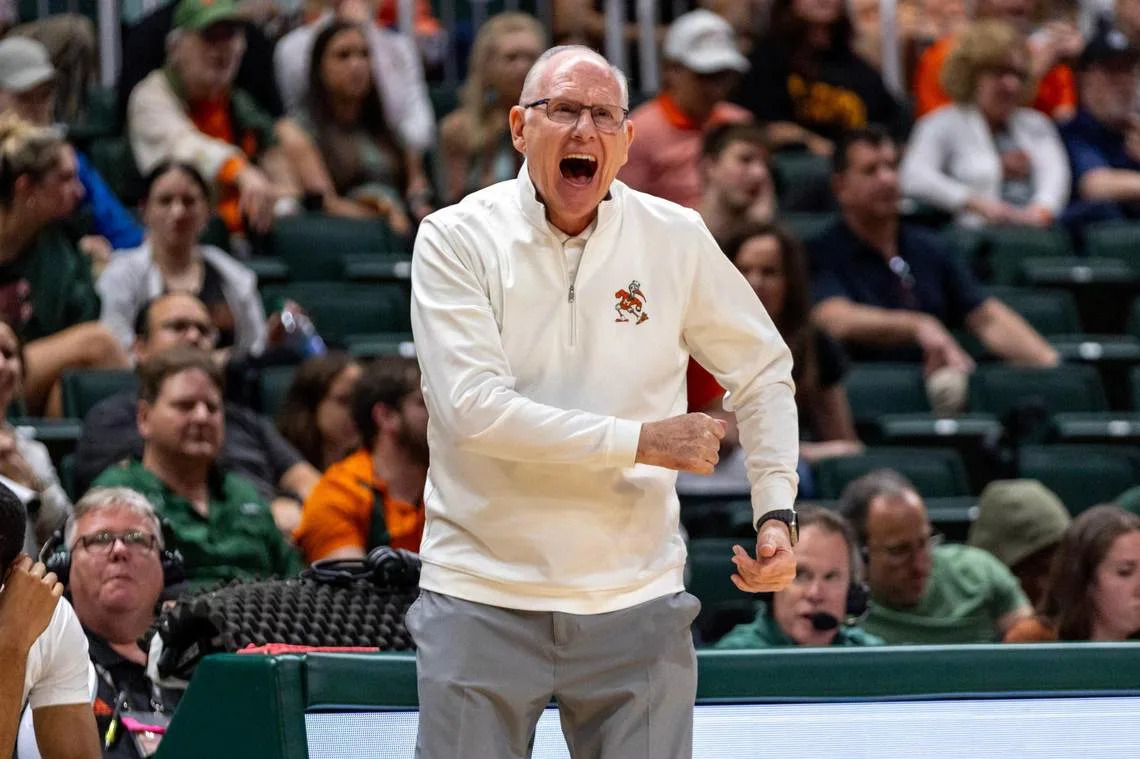 Hurricanes Head Coach Jim Larrañaga reacts from the sideline during the second half of an NCAA basketball game at Watsco Center in Coral Gables, Florida on Wednesday, March 6, 2024. D.A. Varela/dvarela@miamiherald.com