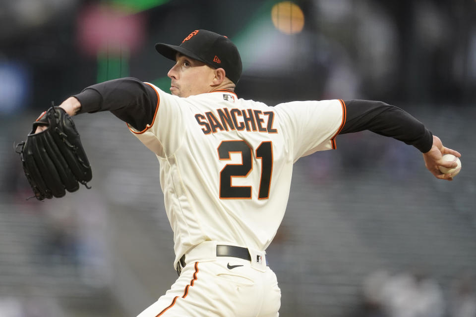 San Francisco Giants' Aaron Sanchez pitches against the Miami Marlins during the first inning of a baseball game in San Francisco on Thursday, April 22, 2021. (AP Photo/Jeff Chiu)