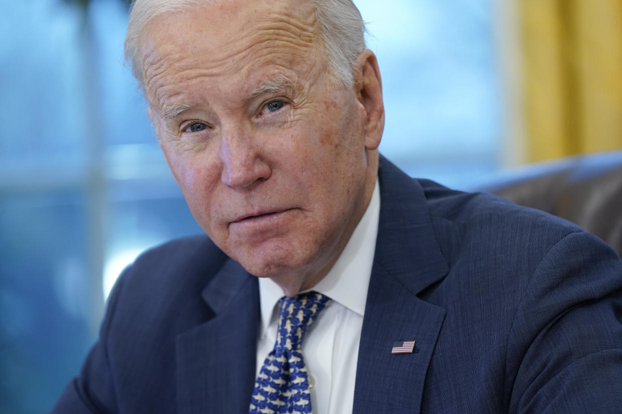 FILE - President Joe Biden participates in a briefing in the Oval Office of the White House, Dec. 22, 2022, in Washington. In the ensuing two years following the pandemic, as inflation slowed but persisted, the confidence Biden hoped to instill steadily waned. And when he showed his age in a disastrous debate in June against Donald Trump, he lost the benefit of the doubt as well. That gave him the legacy of having built the legislative scaffolding of a renewed America without convincing voters that better days were ahead. (AP Photo/Patrick Semansky, File)