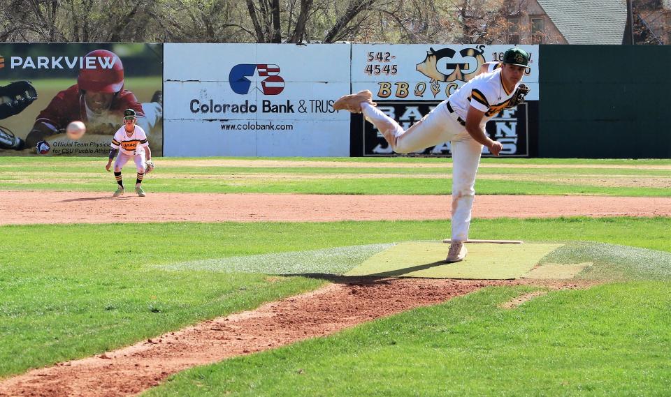 Pueblo County's Roy Higinbotham tosses a pitch in a matchup against Pueblo Central at Runyon Sports Complex on April 18.
