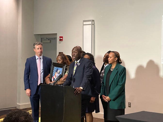 Brian Barr, Meka Forston and Ben Crump speak at a press conference that challenges the narrative set by the Okaloosa County Sheriff's Office