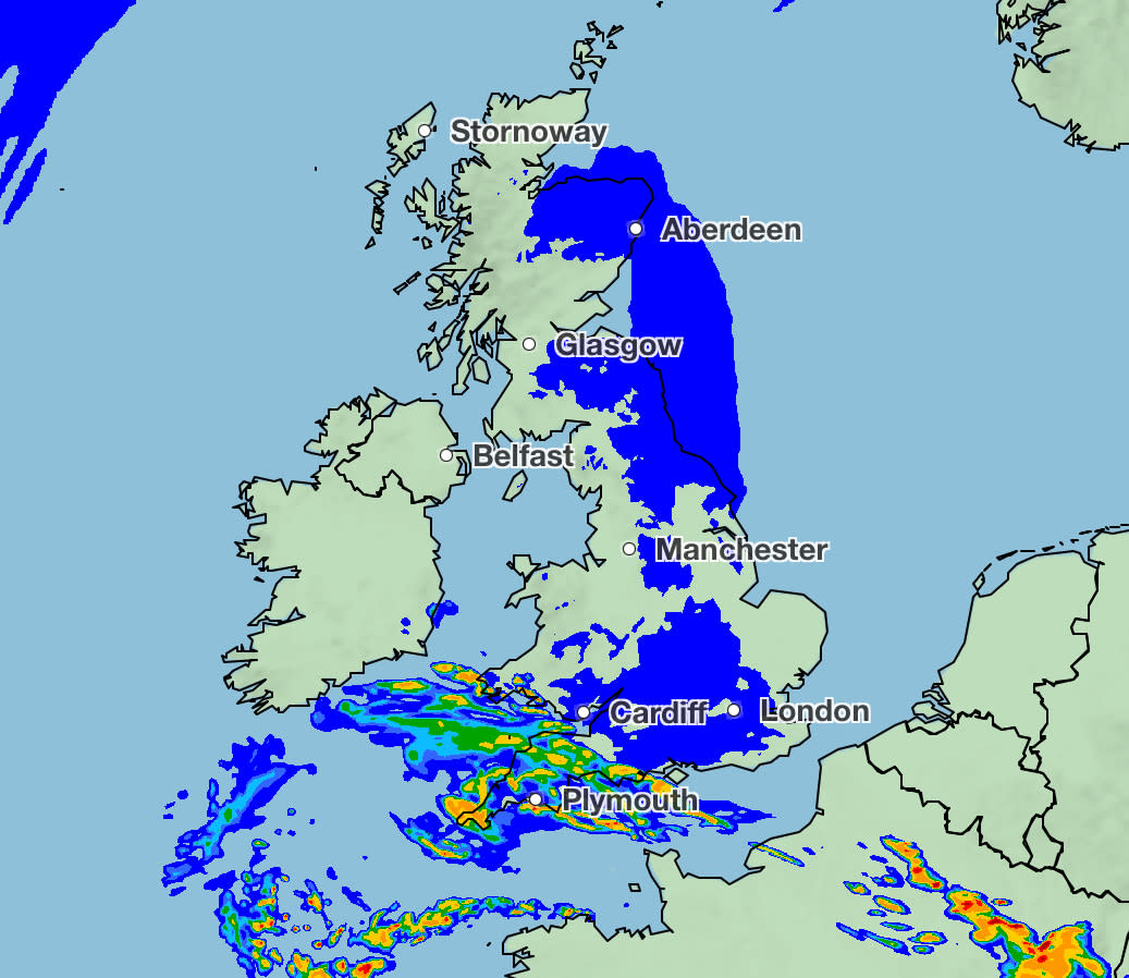 Heavy rain is predicted to fall across the south of England and parts of Wales on Thursday. (Met Office)