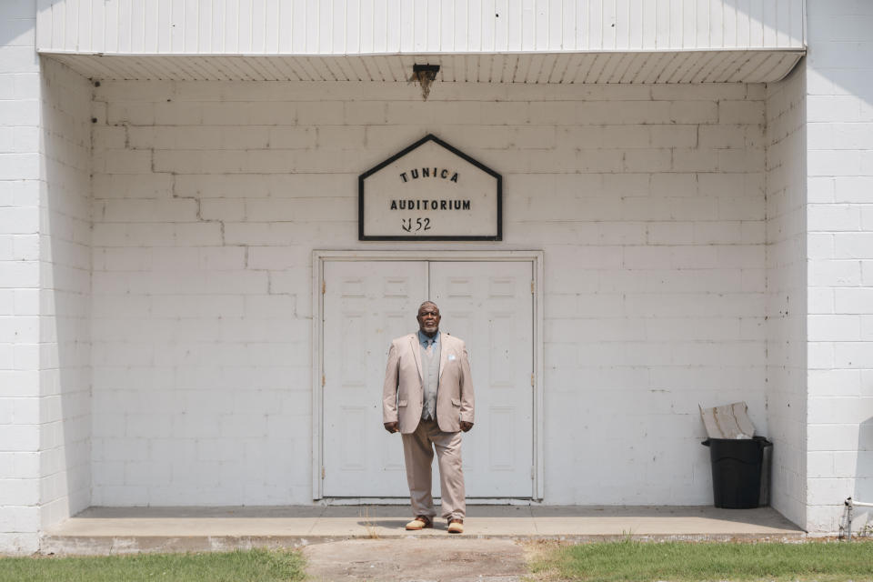 Joe Eddie Hawkins, former road manager in Tunica, outside the Tunica Auditorium in the Old Sub neighborhood of Tunica. (Andrea Morales for NBC News)