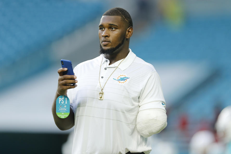 MIAMI, FLORIDA - AUGUST 08:  Kendrick Norton of the Miami Dolphins looks on prior to the preseason game against the Atlanta Falcons at Hard Rock Stadium on August 08, 2019 in Miami, Florida. (Photo by Michael Reaves/Getty Images)