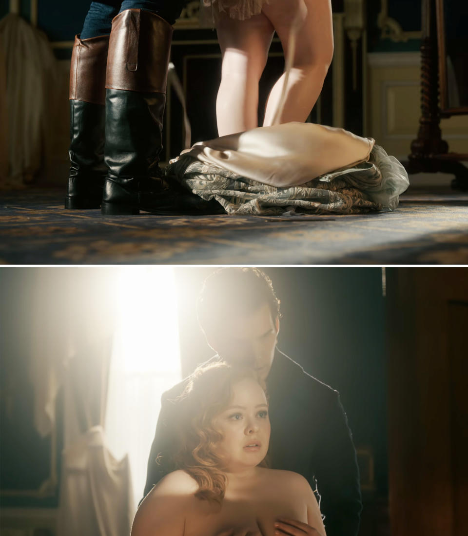 Close-up of boots standing next to a woman's legs and clothes on the floor. Colin embraces a worried-looking Penelope in a dimly lit room