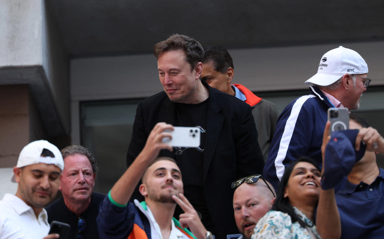 Tennis - U.S. Open - Flushing Meadows, New York, United States - September 8, 2024 Elon Musk is seen during the final match between Italy's Jannik Sinner and Taylor Fritz of the U.S. REUTERS/Mike Segar