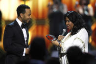 John Legend and Aretha Franklin at the 10th Annual TV Land Awards at the Lexington Avenue Armory on April 14, 2012 in New York City.