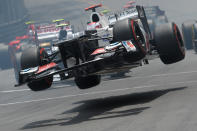 Sauber's Japanese driver Kamui Kobayashi crashes at the Circuit de Monaco on May 27, 2012 in Monte Carlo during the Monaco Formula One Grand Prix. (TOM GANDOLFINITom Gandolfini/AFP/GettyImages)